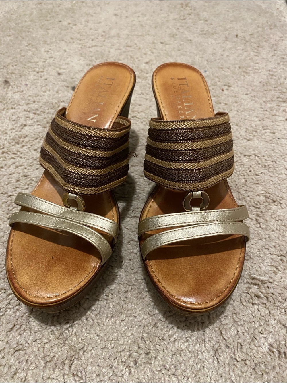 Italian Shoemakers Brown and Gold Woven wedges